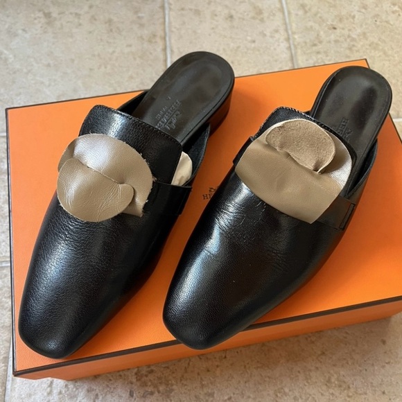 🆕HERMES Mules Flats Black Goatskin Leather Silver-Tone HW Buckle • EU 36.5 • NIB - Picture 4 of 7